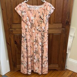 Women’s Ruffle Sleevless Floral Peach Pink Midi Dress Size 2XL